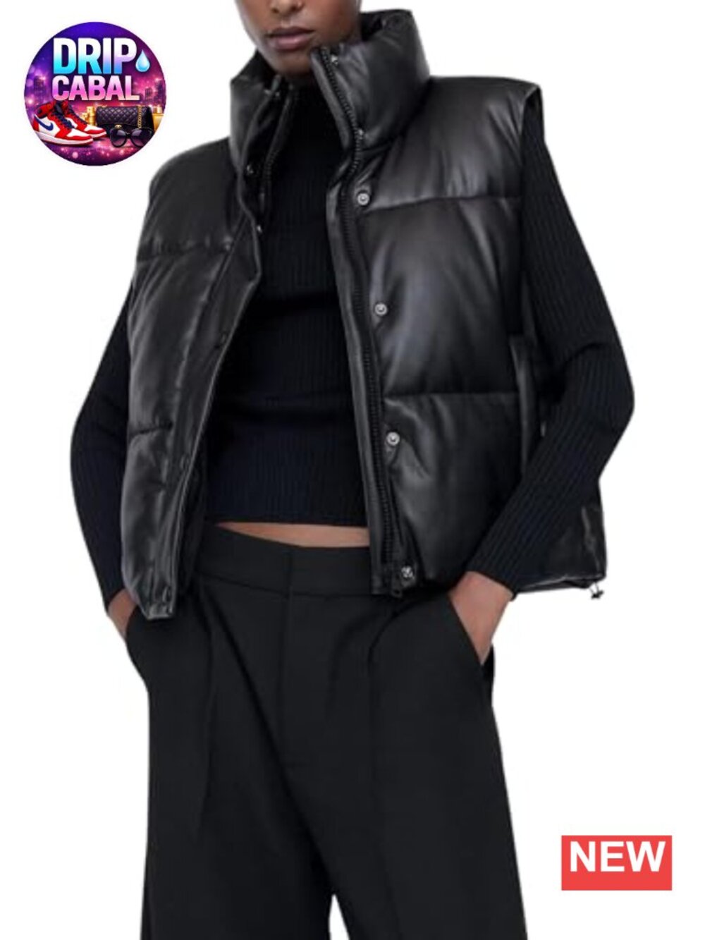 Faux Leather Quilted Puffer Vest Zip-Up Stand Collar Sleeveless Jacket Fall